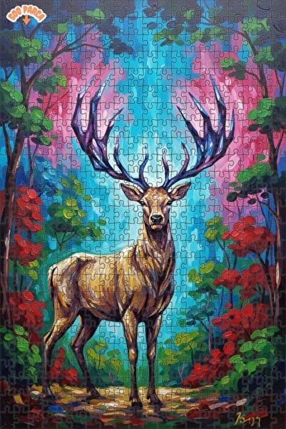 Teona Ahşap Magical Forest Deer Oil Painting Look Double-Deck Framed Wooden P...