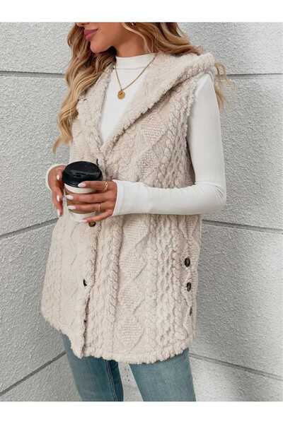 ÇEÇEN HOME Düğmeli Kapüşonlu Peluş Yelek Desenli Kaban Yan Cepli, Yumuşak Pel...