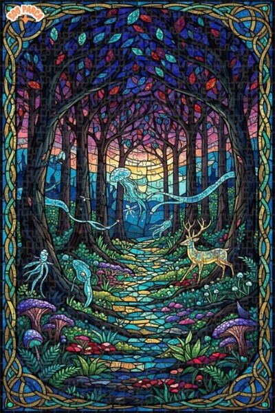 Teona Ahşap لغز خشبي بمظهر فسيفساء زجاجية لغابة سحرية وقنديل البحر والغزلان 5...