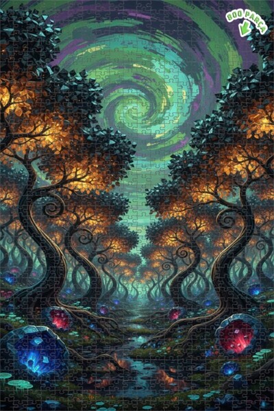 Teona Ahşap لغز خشبي مؤطر بطبقتين بمظهر الغابة الغامضة والسماء الحلزونية، لوح...