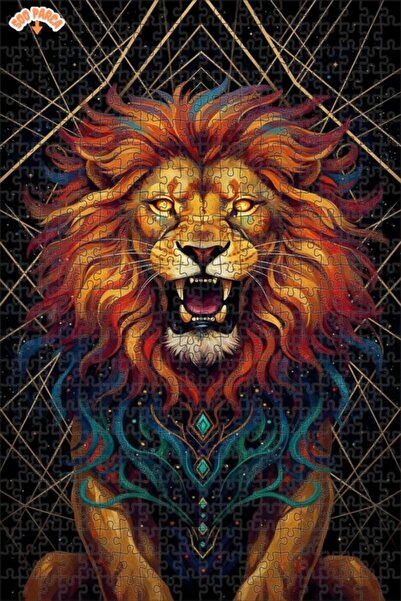 Teona Ahşap Majestic Fire Lion Oil Painting Look Double Layer Framed Wooden P...