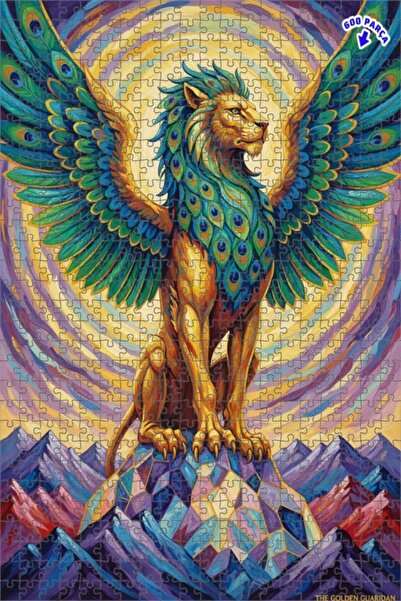 Teona Ahşap لغز فني على شكل أسد ذهبي مجنح بمظهر لوحة زيتية 600 قطعة 50×35