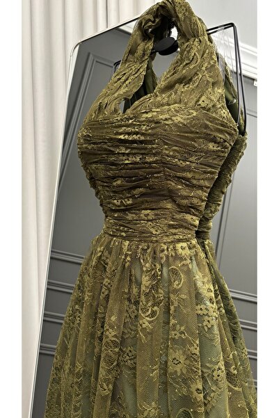 RUANI BIUTI Women's halter-cut lace evening dress – olive green