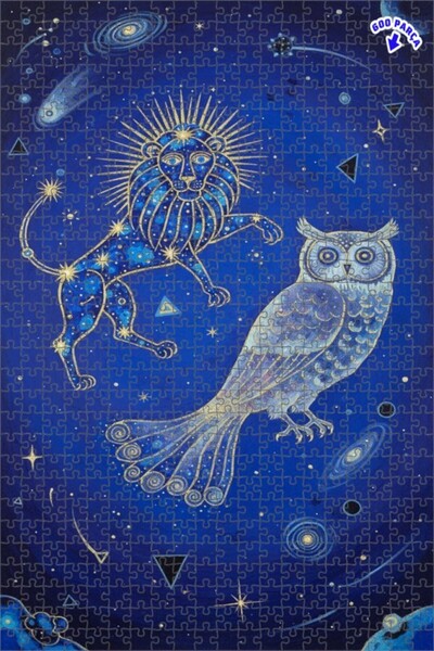 Teona Ahşap Lion and Owl Galaxy Art Oil Painting Double-Deck Framed Wooden Pu...