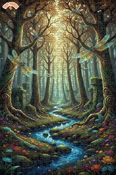 Teona Ahşap لغز خشبي مؤطر بطبقتين بتصميم فني يشبه لوحة زيتية لمنظر غابة غامضة...