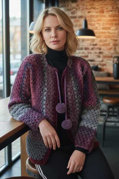 Örgü Sanatı DilekÇak El Örgüsü Patchwork Ömürlük Hırka, Ponpon Detaylı, Renk ...