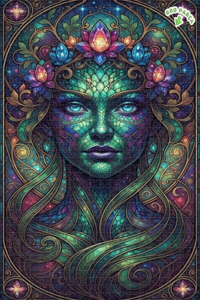 Teona Ahşap لغز خشبي مؤطر بطبقتين بمظهر فسيفساء زجاجي، صورة امرأة خضراء سحرية...