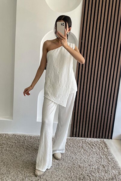 Mistix طقم مكون من قطعتين بتصميم كتف واحد وتفاصيل مزدوجة - إكرو EKRU