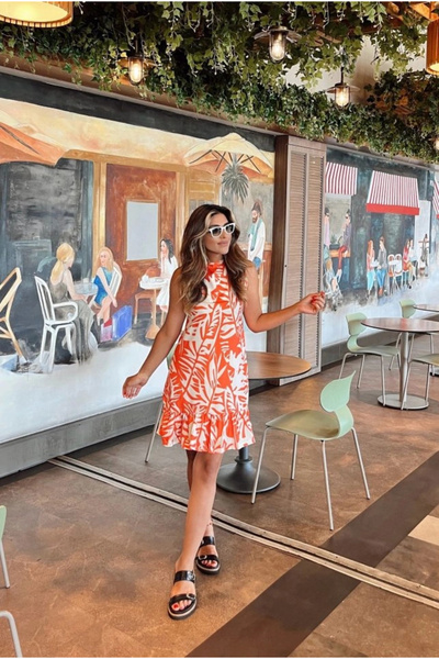 nedo7 Women's Zero Sleeve Crew Neck Ruffle Patterned Sofia Dress