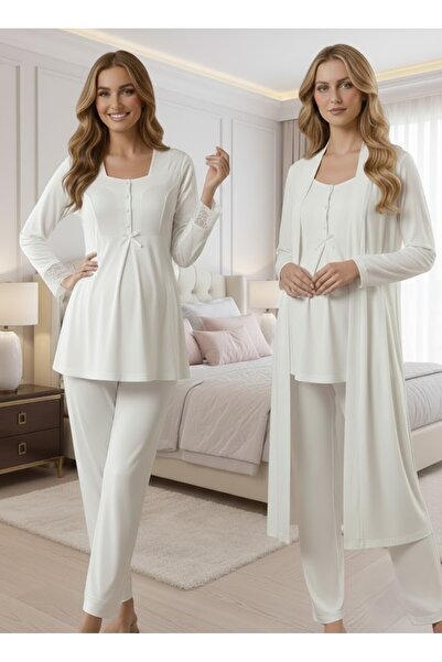 Lohussa Nou sezon Ecru bumbac 100% Set de pijamale pentru maternitate, cu mân...