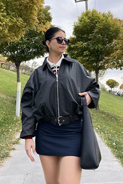 Mistix جاكيت جلد قصة فضفاضة بتفاصيل حزام - أسود BLACK