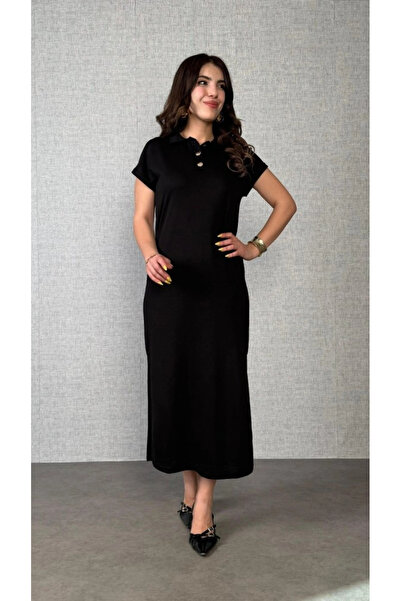 nedo7 Women's Short Sleeve Collar Side Slit Viscose Two Thread Dress