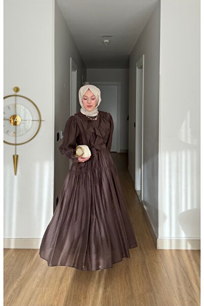 merve ada design Cupra Kumaş Volan Yaka Detaylı Tesettür Elbise İNCE ASTARLI
