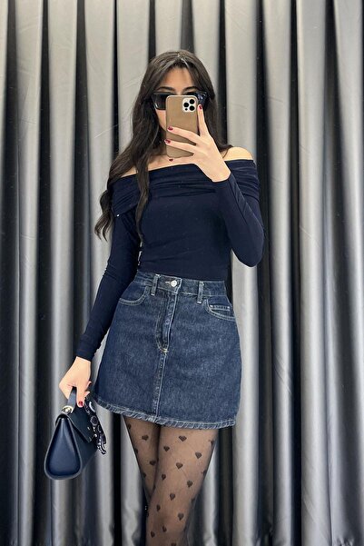 Mistix بلوزة ساندي بياقة مادونا مع تجعيدات جانبية - أزرق داكن LACİVERT