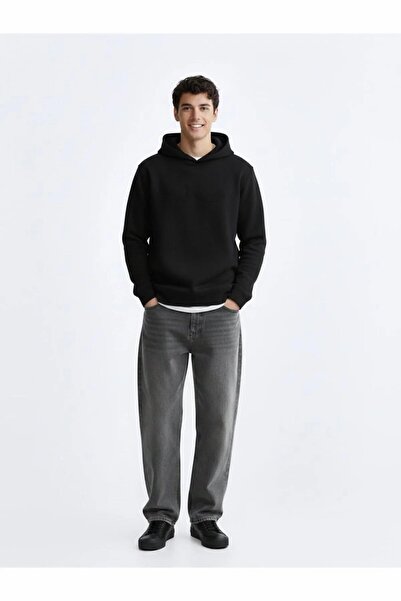 Ltb Hanorac negru cu mânecă lungă cu glugă Sign cu imprimeu