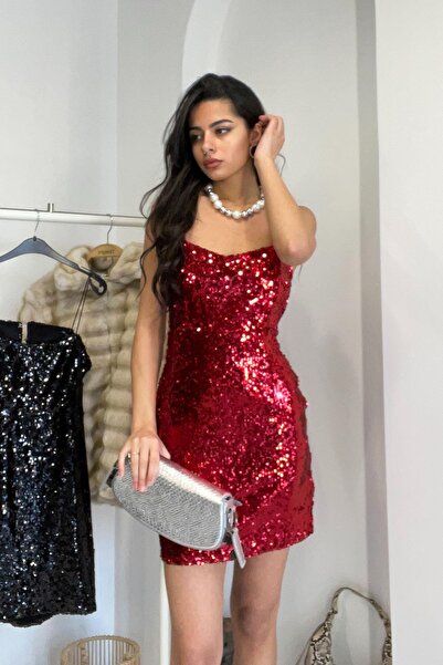 Mistix فستان قصير مزين بالترتر - أحمر أحمر