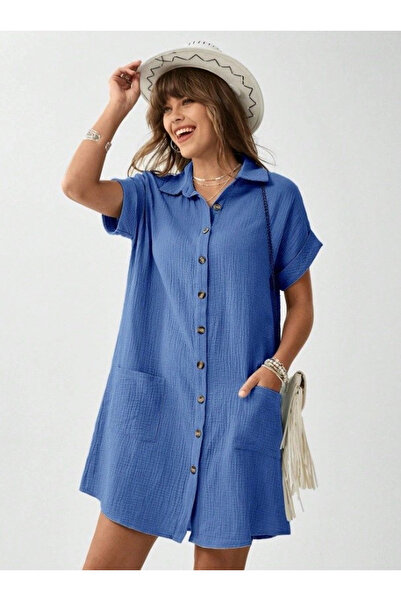 nedo7 Women's Pocket Detail Muslin Fabric Mini Shirt Dress