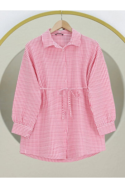 nedo7 Length Buttoned Lace up Striped Wrapped Shirt -Pink