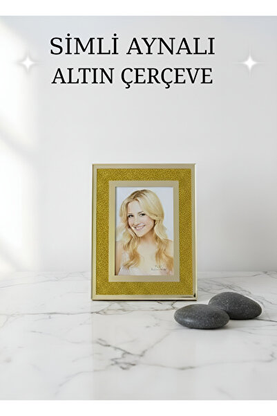 EVİMDM Simli Aynalı Altın Çerçeve – Dekoratif Masaüstü Fotoğraf Çerçevesi (10...