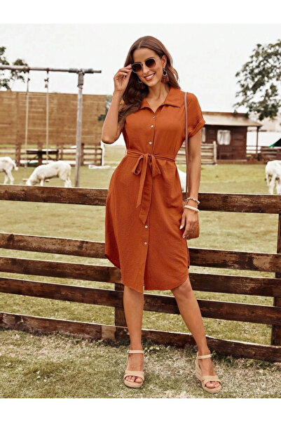 nedo7 Women's Short Sleeve Collared Front Buttoned Waist Belted Wrap Dress