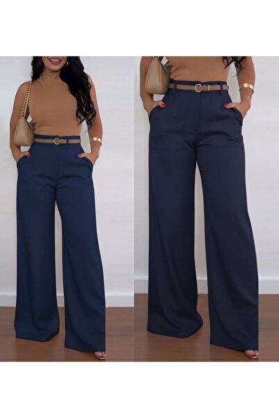 Kanonik Education Women's High Waist Wide Leg Detailed Imported Crepe Trouser...