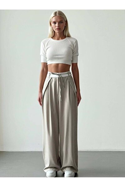 ibeeka Waist Detailed Design Palazzo Pants - Stone - L