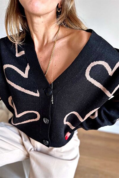 Perryes Women's Heart Patterned Short Crop Cardigan Black