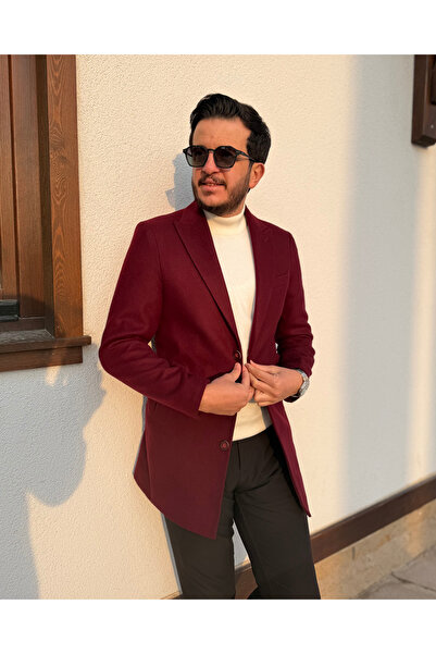 Avni Ceylan Classic Collar Burgundy Wool Men's Coat