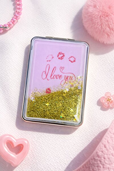 Simurgstore Hareketli Simli 2 Taraflı Kozmetik Çanta Cep Aynası Büyüteçli