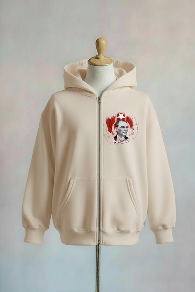 Vordevia Atatürk Printed Zippered Hooded Oversized Sweatshirt