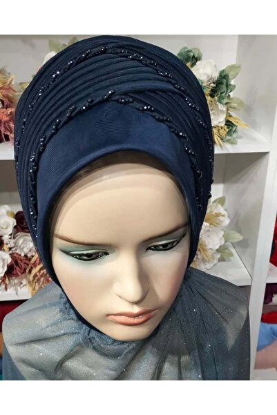 semahazırduvak lacivert simsiz işleme detaylı model hazır türban hazır şal ab...