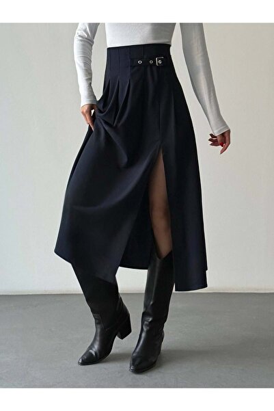 ibeeka Women's high-waisted pleated skirt with buckle belt and slit detail - ...