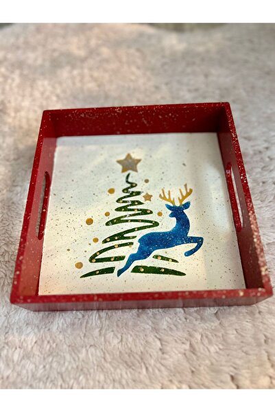 Butik Center صينية خشبية مزخرفة مع شكل غزال، صينية عرض حمراء لتزيين غرفة المع...