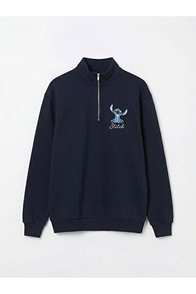 LC Waikiki XSIDE Lacivert Stitch Baskılı Oversize Kadın Kalın Sweatshirt S6K7...