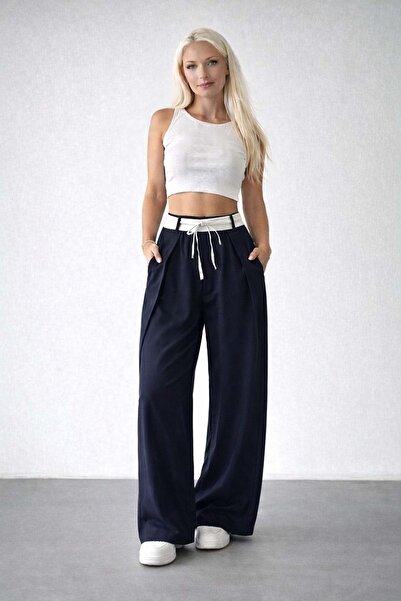 ibeeka Waist detailed design Palazzo Pants - navy blue - s