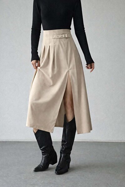 ibeeka Women's Clothing High Waist Buckle Belted Pleated Slit Detail Skirt - ...