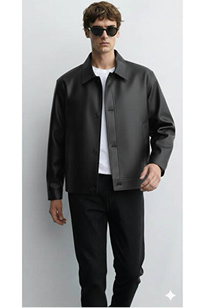 ATKGİYİM Erkek Suni Deri Ceket - Mevsimlik Astarlı Rahat Kesim Gömlek Yaka Sh...