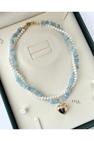 eyla collection Tatlı Su İncili Aquamarin Kolye – Gold Kalp Detaylı - El Yapımı