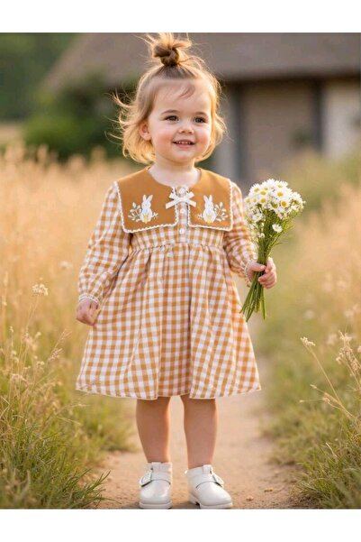 OEM Rochita in carouri alb-crem cu maneca lunga si guler cu imprimeu iepuras,...