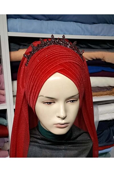 semahazırduvak Kırmızı simli duvaklı taçlı model hazır türban hazır şal abiye...