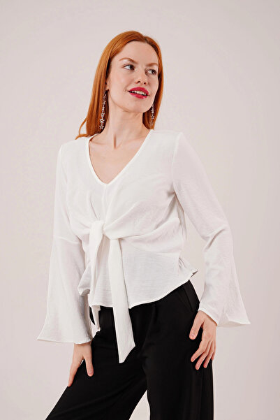 nedo7 Front Tie Flywheel Sleeve White Blouse
