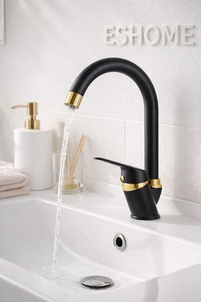 ESHOME صنبور حوض الحمام باللون الأسود والذهبي مع أنبوب على شكل عصا