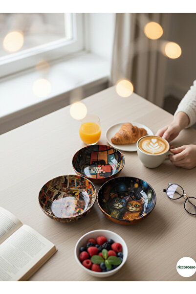 Riccorosso 3'lü Sanatsal Kedi Desenli Metal Kase Seti - Dekoratif Çerezlik ve...