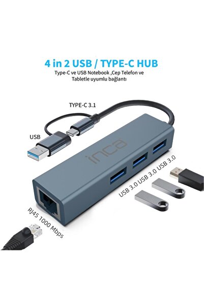 Inca data-c827 IUTP-03TX Ethernet Usb 3.0+Type-C 3.1 Grişli 000 Mbps 3X3.1Usb...