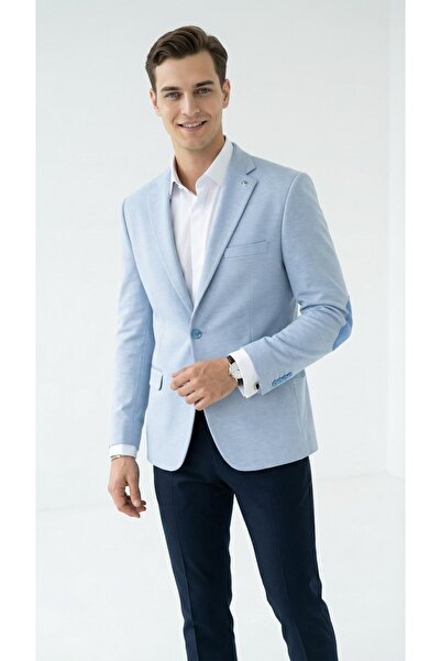 Plus Scorpion Men's Patched Blazer Jacket – Baby Blue Color, Italian Cut Styl...