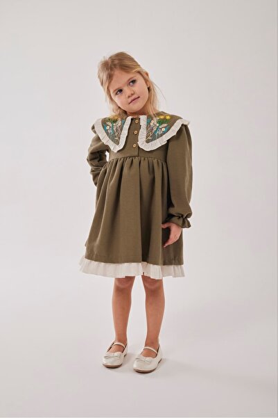 Pinkitokids Rochie pentru fetițe cu guler brodat - Verde măsliniu