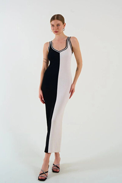 nedo7    فستان بدون أكمام بلونين - أسود-كريمي