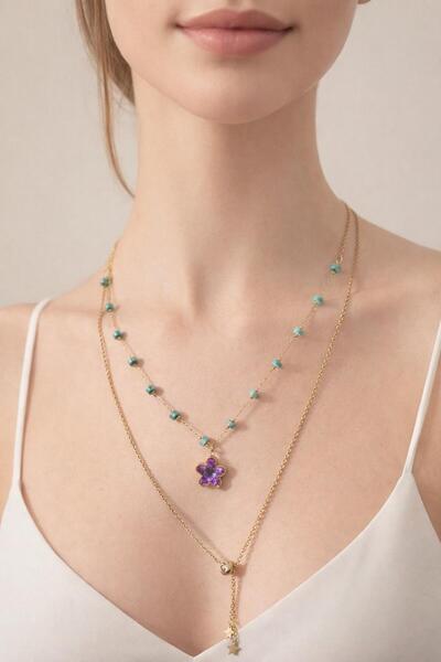 bluecatbijouterie ÇİFT ZİNCİRLİ ÇİÇEK FİGÜRLÜ KOLYE BONCUK DETAYLI ŞIK TASARIM