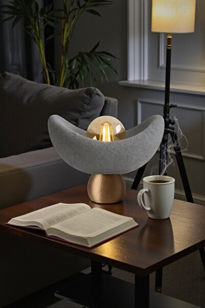 Dropcek eticaret Luna Tasarım Masa Lambası Gri Bronz Detaylı Abajur Loş Amber...