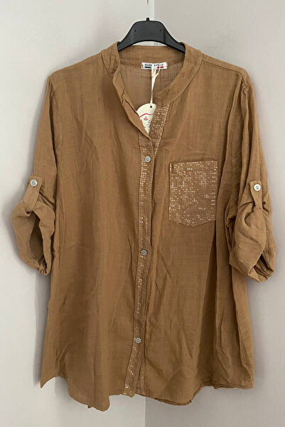 AYASOFYA OTANTIK Women's Italian Cappuccino Placket Collar Sequin Detailed Po...